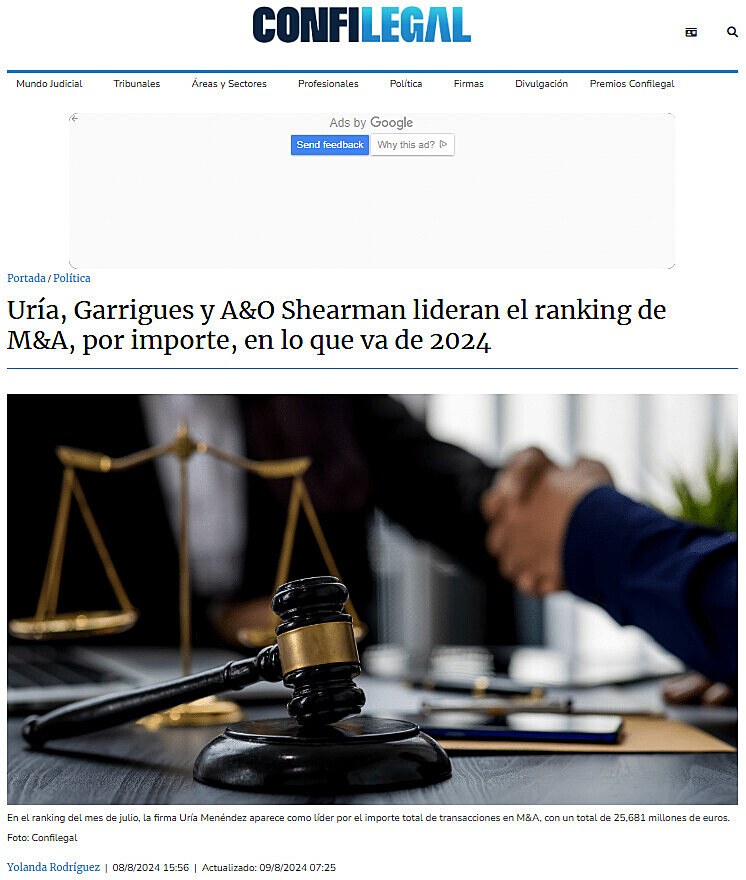 Ura, Garrigues y A&O Shearman lideran el ranking de M&A, por importe, en lo que va de 2024